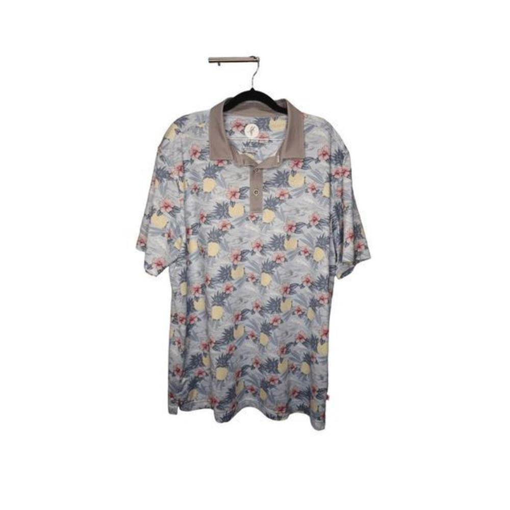 Toes On The Nose Stretch Polo Shirt Size XL Blue Hawaiian Floral Golf Performanc